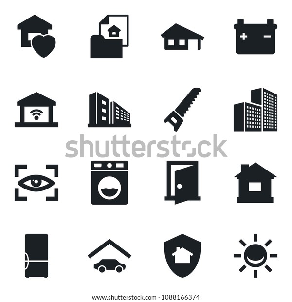 Set
of vector isolated black icon - saw vector, house, office building,
with garage, estate document, sweet home, fridge, washer, gate
control, eye scan, protect, door, battery, alarm
led