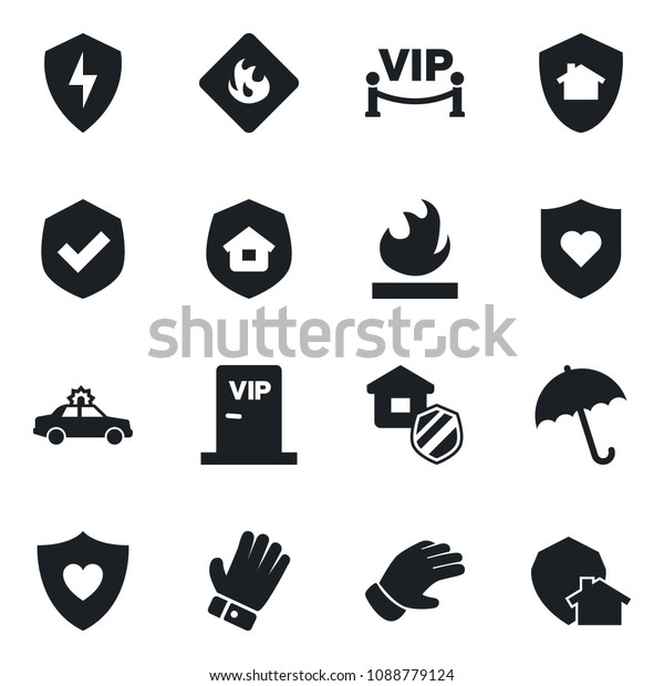 Set of vector isolated black icon - umbrella vector,\
alarm car, glove, heart shield, flammable, protect, estate\
insurance, vip zone, home