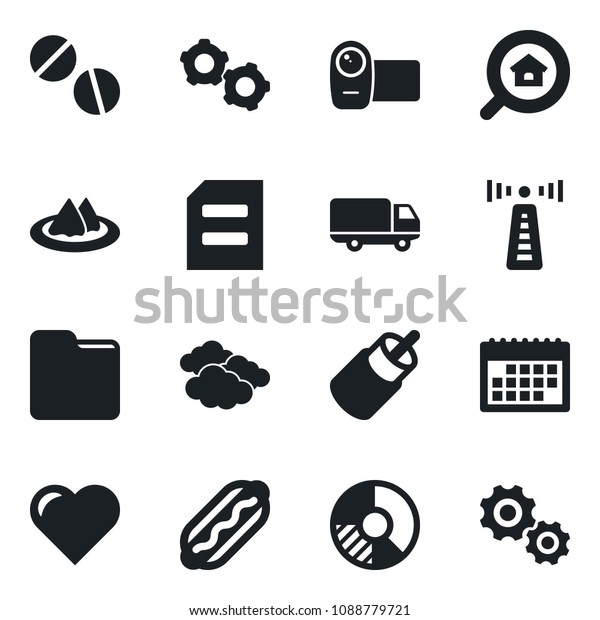 Set of vector isolated black icon - antenna vector,\
clouds, gear, document, circle chart, heart, pills, car delivery,\
video camera, rca, folder, calendar, estate search, serviette, hot\
dog