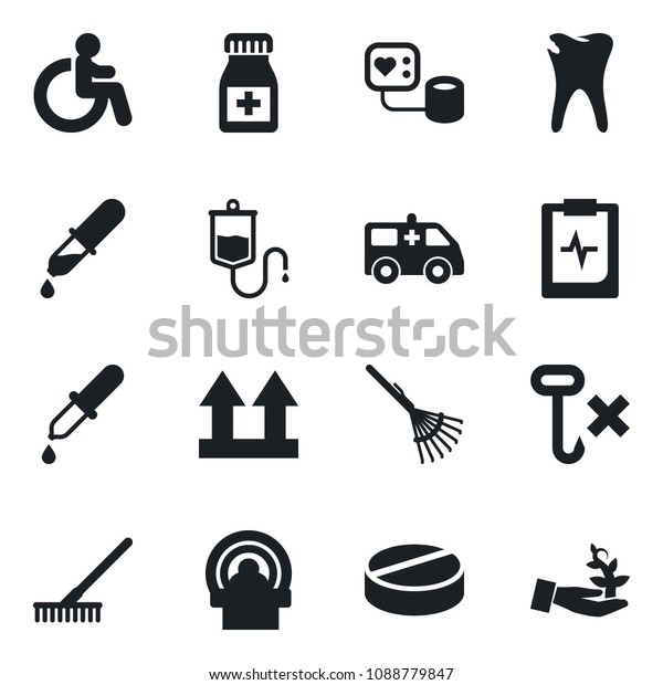 Set of vector isolated black icon - disabled\
vector, rake, blood pressure, dropper, pills, bottle, tomography,\
ambulance car, caries, pulse clipboard, up side sign, no hook, palm\
sproute