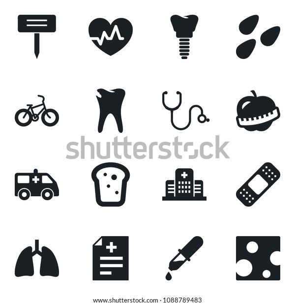 Set\
of vector isolated black icon - plant label vector, seeds, heart\
pulse, diagnosis, stethoscope, dropper, patch, ambulance car, bike,\
lungs, caries, implant, diet, hospital, bread,\
cheese