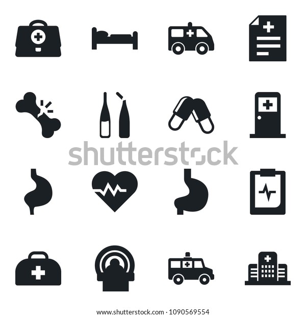 \Set of vector isolated black icon - bed
vector, medical room, heart pulse, doctor case, diagnosis, pills,
ampoule, tomography, ambulance car, stomach, broken bone,
clipboard, hospital