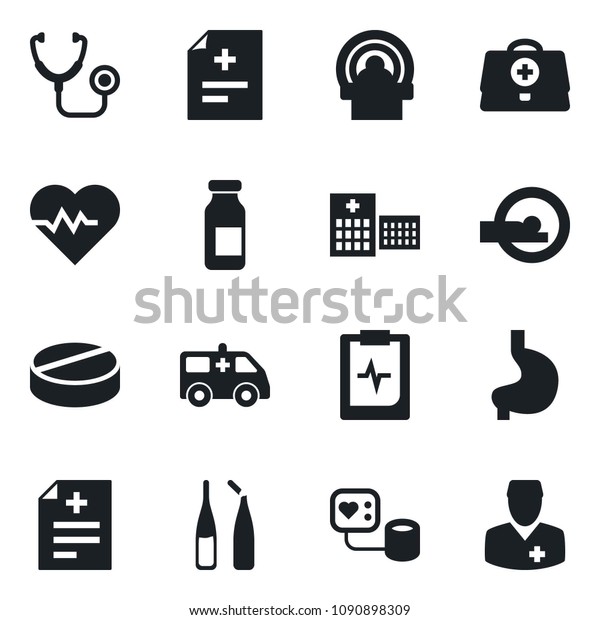 Set of vector\
isolated black icon - heart pulse vector, doctor case, diagnosis,\
stethoscope, blood pressure, pills, ampoule, tomography, ambulance\
car, stomach, clipboard,\
hospital