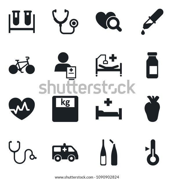 Set
of vector isolated black icon - heart pulse vector, stethoscope,
blood test vial, dropper, diagnostic, scales, ampoule, ambulance
car, bike, hospital bed, real, patient,
thermometer