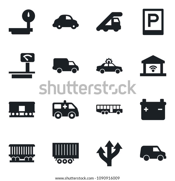 Set of vector\
isolated black icon - airport bus vector, parking, alarm car,\
ladder, ambulance, route, railroad, truck trailer, delivery, heavy\
scales, garage gate control,\
battery