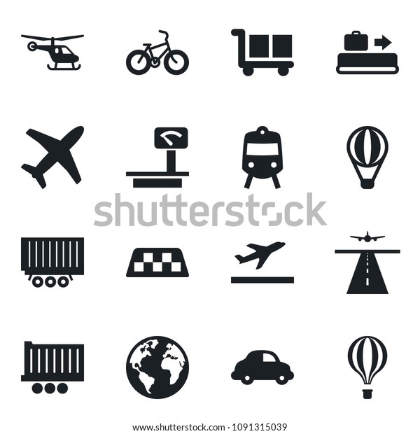 Set of vector isolated black icon - runway\
vector, taxi, departure, baggage conveyor, train, helicopter, bike,\
earth, plane, truck trailer, car delivery, cargo, heavy scales, air\
balloon