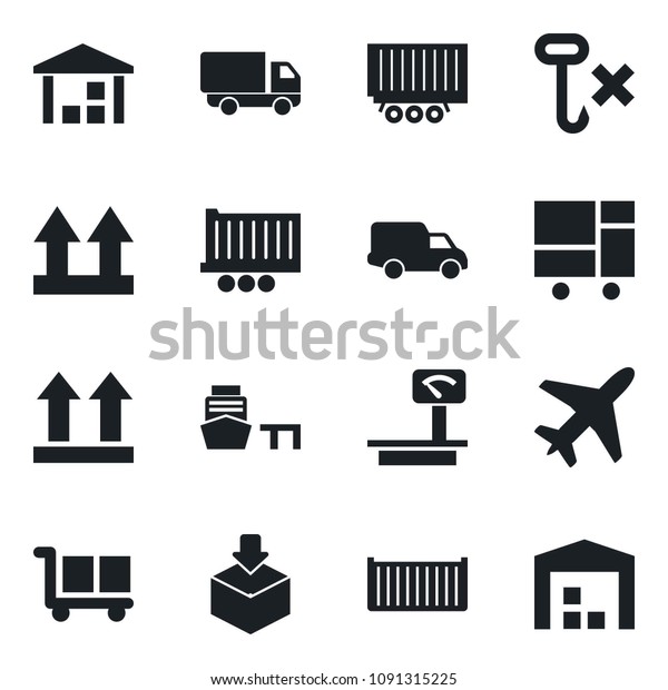Set of vector\
isolated black icon - plane vector, truck trailer, cargo container,\
car delivery, sea port, consolidated, up side sign, no hook,\
warehouse, package, heavy\
scales