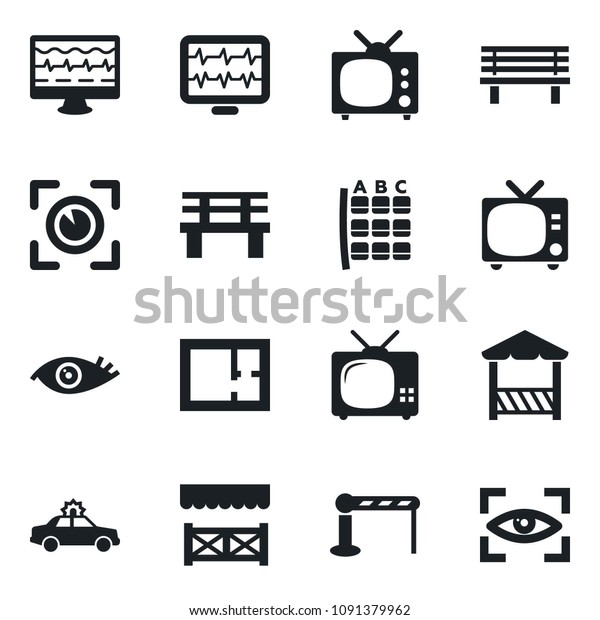 Set of\
vector isolated black icon - barrier vector, tv, alarm car, seat\
map, bench, monitor pulse, eye, plan, alcove,\
scan