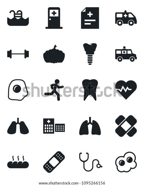 Set of vector isolated black icon - medical room\
vector, pumpkin, heart pulse, diagnosis, stethoscope, patch,\
ambulance car, barbell, run, lungs, tooth, implant, hospital, pool,\
bread, omelette