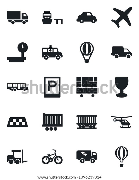 Set of vector isolated black icon - taxi vector,
airport bus, parking, fork loader, helicopter, ambulance car, bike,
railroad, plane, truck trailer, delivery, sea port, consolidated
cargo, fragile