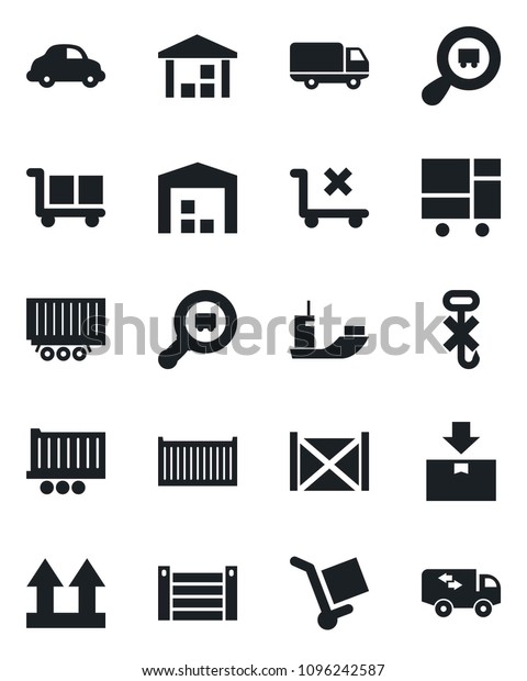 Set of\
vector isolated black icon - sea shipping vector, truck trailer,\
cargo container, car delivery, consolidated, up side sign, no\
trolley, hook, warehouse, package, search,\
moving