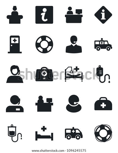 Set of vector\
isolated black icon - reception vector, medical room, manager\
place, doctor case, dropper, ambulance car, hospital bed, support,\
information, crisis\
management