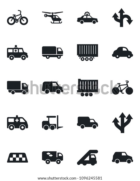 Set of vector isolated black icon - taxi\
vector, alarm car, fork loader, ladder, helicopter, ambulance,\
bike, route, truck trailer, delivery,\
moving