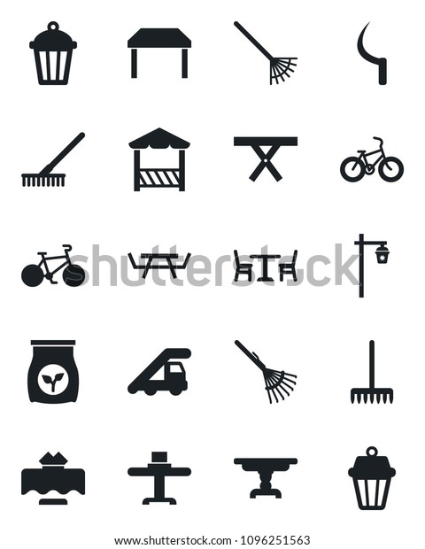 Set of vector isolated black icon -\
cafe vector, ladder car, rake, sickle, garden light, picnic table,\
fertilizer, bike, restaurant, alcove, outdoor\
lamp