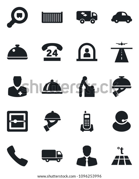 Set of vector isolated black icon - runway vector,\
baby room, reception, doctor, office phone, 24 hours, support,\
client, cargo container, car delivery, search, call, scanner,\
moving, dish, waiter