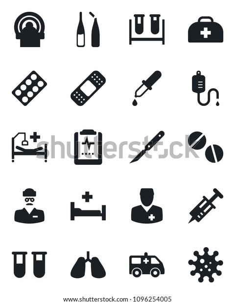 Set of vector isolated black icon - doctor case\
vector, syringe, blood test vial, dropper, pills, blister, ampoule,\
scalpel, patch, tomography, ambulance car, hospital bed, lungs,\
pulse clipboard