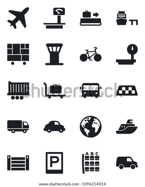 Set of vector isolated black icon - plane\
vector, airport tower, taxi, baggage conveyor, trolley, bus,\
parking, seat map, bike, earth, sea shipping, truck trailer, car\
delivery, port, container