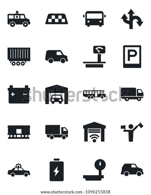 Set\
of vector isolated black icon - dispatcher vector, taxi, airport\
bus, parking, alarm car, ambulance, route, truck trailer, delivery,\
heavy scales, railroad, garage, gate control,\
battery