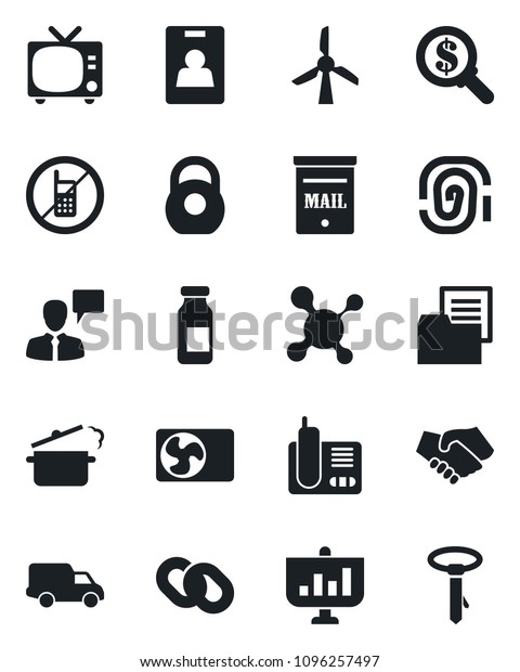 Set of vector isolated black icon - no mobile\
vector, tv, speaking man, molecule, ampoule, car delivery, folder\
document, heavy, radio phone, chain, identity card, mailbox, air\
conditioner, windmill