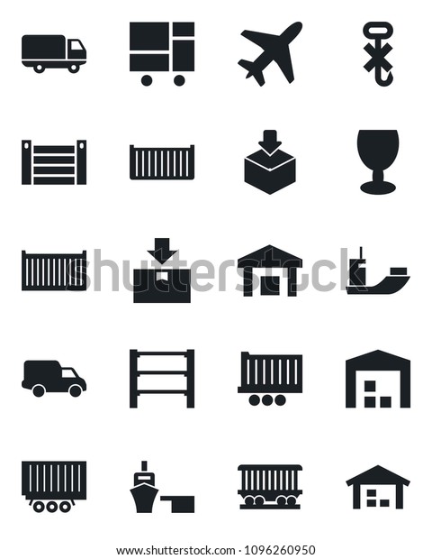 Set of vector isolated black icon - plane vector,\
railroad, sea shipping, truck trailer, cargo container, car\
delivery, port, consolidated, fragile, no hook, warehouse, package,\
rack