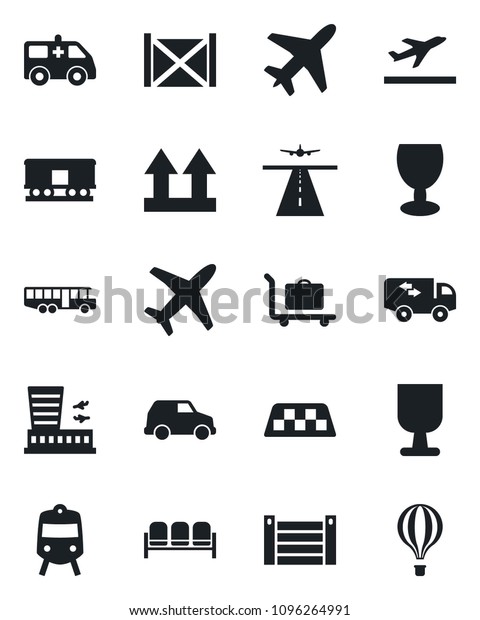 Set of vector isolated black icon - plane\
vector, runway, taxi, departure, baggage trolley, airport bus,\
train, waiting area, building, ambulance car, container, fragile,\
up side sign, railroad