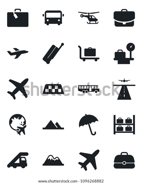 Set of vector isolated black icon - plane vector,\
runway, taxi, suitcase, baggage trolley, airport bus, umbrella,\
ladder car, helicopter, luggage storage, scales, globe, mountains,\
case