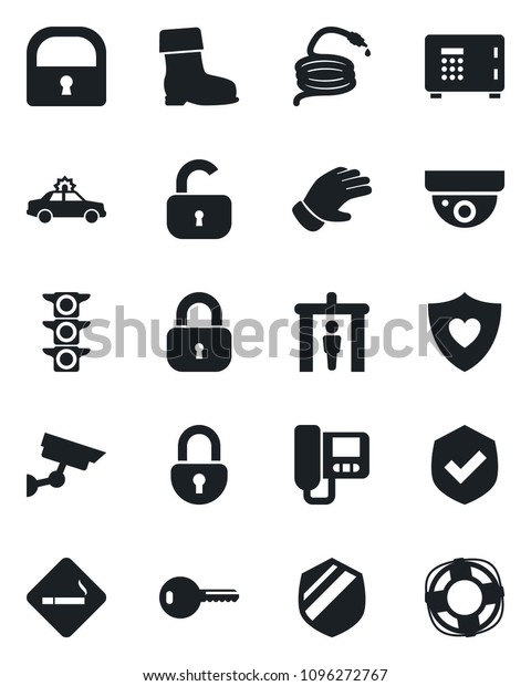 Set of vector isolated black icon - security\
gate vector, smoking place, alarm car, safe, glove, boot, hose,\
heart shield, traffic light, lock, key, intercome, surveillance,\
crisis management