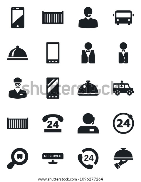 Set of vector\
isolated black icon - airport bus vector, 24 around, ambulance car,\
doctor, hours, cargo container, search, cell phone, mobile,\
support, waiter, dish,\
reserved