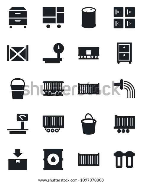 Set\
of vector isolated black icon - checkroom vector, bucket, watering,\
railroad, truck trailer, cargo container, consolidated, package,\
oil barrel, heavy scales, archive box, water\
filter