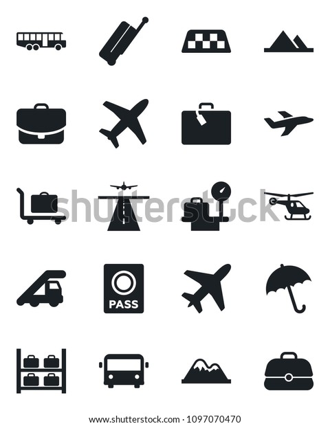 Set of vector isolated black icon - plane vector,\
runway, taxi, suitcase, baggage trolley, airport bus, umbrella,\
passport, ladder car, helicopter, luggage storage, scales,\
mountains, case