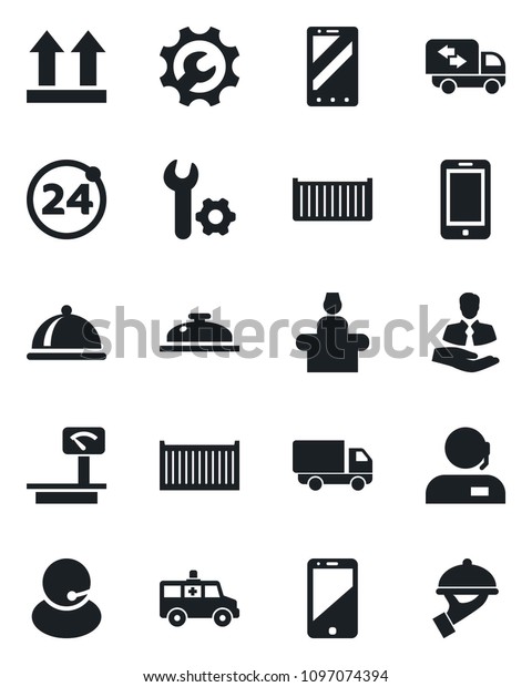 Set of vector isolated black icon - 24 around\
vector, reception, mobile phone, ambulance car, support, client,\
cargo container, delivery, up side sign, heavy scales, cell, root\
setup, moving, dish