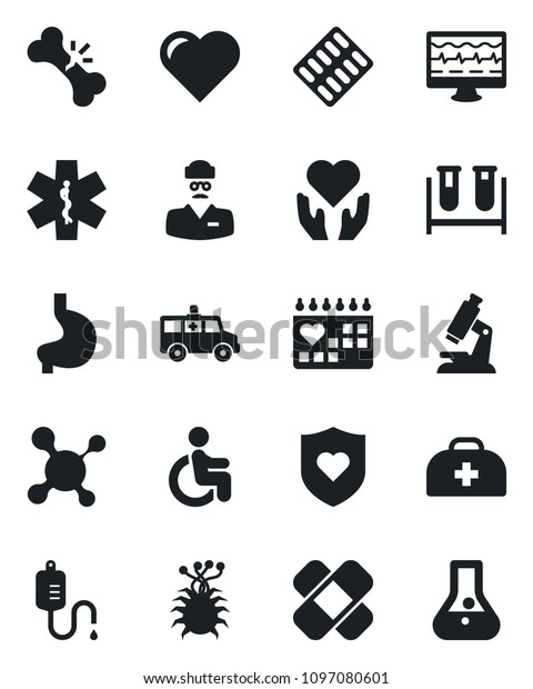 Set of vector isolated black icon - heart vector,\
monitor pulse, doctor case, molecule, blood test vial, dropper,\
microscope, pills blister, patch, ambulance star, car, shield,\
disabled, hand, virus