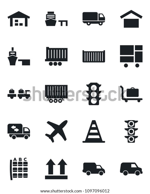 Set of vector isolated black icon - baggage trolley\
vector, larry, border cone, seat map, plane, traffic light, truck\
trailer, cargo container, car delivery, sea port, consolidated, up\
side sign