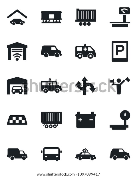 Set\
of vector isolated black icon - dispatcher vector, taxi, airport\
bus, parking, alarm car, ambulance, route, truck trailer, delivery,\
heavy scales, railroad, garage, gate control,\
battery