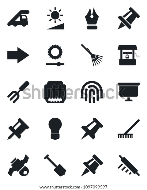 Set of vector isolated black icon - right arrow\
vector, ladder car, presentation board, drawing pin, bulb, job,\
garden fork, rake, well, satellite, hdmi, brightness, fingerprint\
id, ink pen, rolling