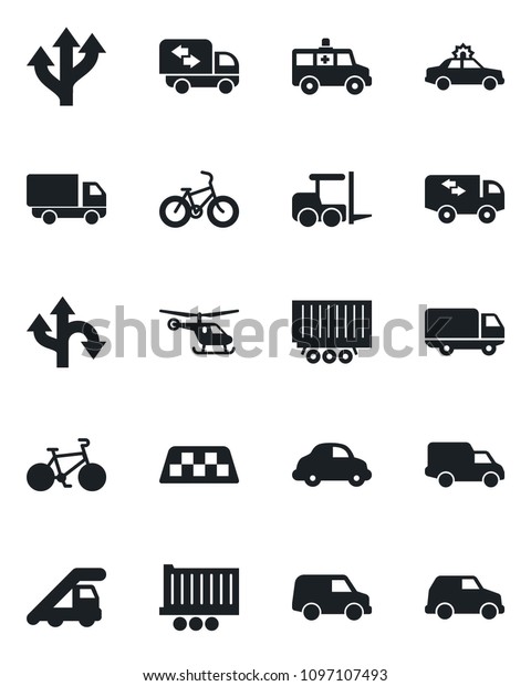 Set of vector isolated black icon - taxi\
vector, alarm car, fork loader, ladder, helicopter, ambulance,\
bike, route, truck trailer, delivery,\
moving