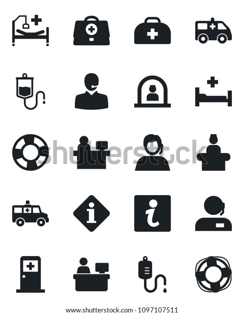 Set of vector\
isolated black icon - reception vector, medical room, manager\
place, doctor case, dropper, ambulance car, hospital bed, support,\
information, crisis\
management