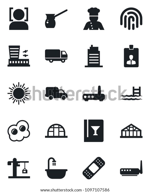 Set of vector isolated black icon - sun vector,\
airport building, identity card, greenhouse, patch, car delivery,\
face id, fingerprint, pool, bathroom, city house, crane, cook,\
wine, turkish coffee