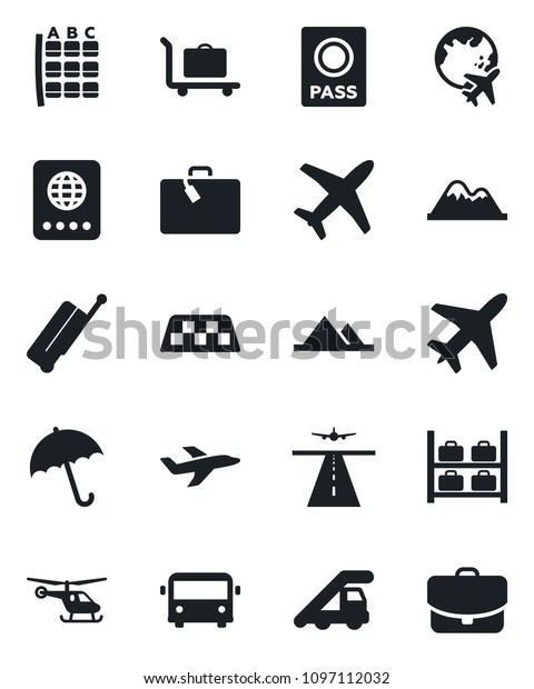 Set of vector isolated black icon - plane vector,\
runway, taxi, suitcase, baggage trolley, airport bus, umbrella,\
passport, ladder car, helicopter, seat map, luggage storage, globe,\
mountains, case