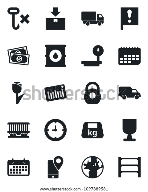 Set of vector isolated black icon - earth vector,
railroad, important flag, cash, mobile tracking, car delivery,
clock, term, fragile, no hook, tulip, package, heavy, oil barrel,
scales, barcode