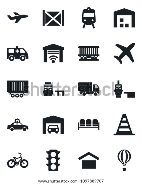 Set\
of vector isolated black icon - train vector, waiting area, alarm\
car, border cone, ambulance, bike, railroad, plane, traffic light,\
truck trailer, delivery, sea port, container,\
garage