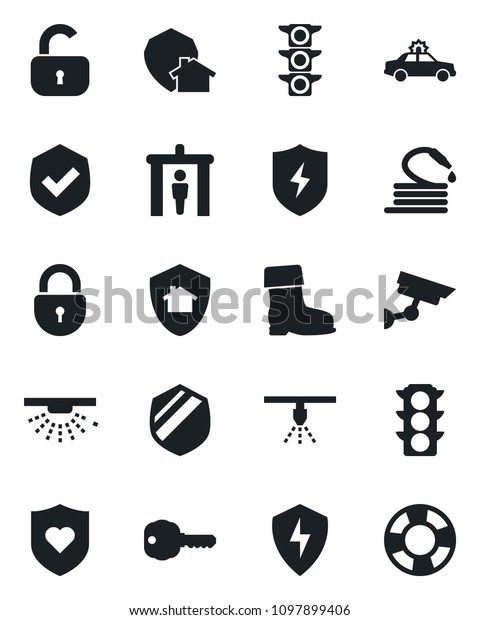 Set of vector\
isolated black icon - security gate vector, alarm car, lock, boot,\
hose, heart shield, traffic light, protect, key, home,\
surveillance, sprinkler, crisis\
management
