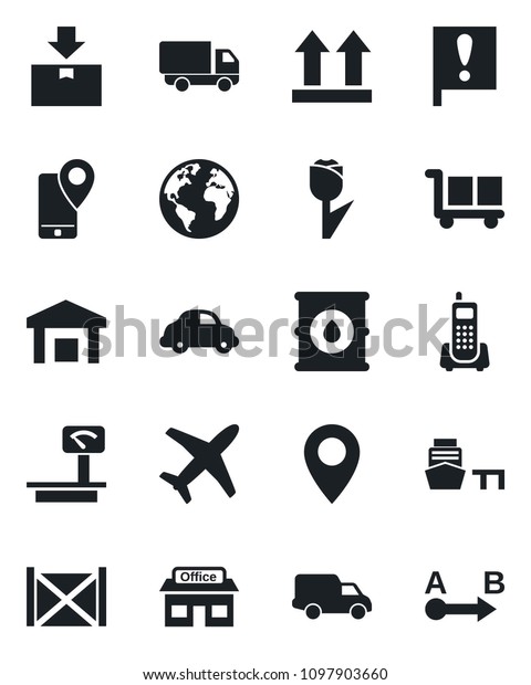 Set of vector isolated black icon - earth vector,\
pin, important flag, store, plane, office phone, mobile tracking,\
car delivery, sea port, container, cargo, up side sign, tulip,\
warehouse, package