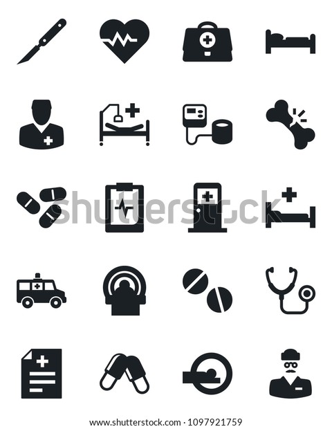 Set of vector isolated black icon - bed vector,
medical room, heart pulse, doctor case, diagnosis, stethoscope,
blood pressure, pills, scalpel, tomography, ambulance car,
hospital, broken bone