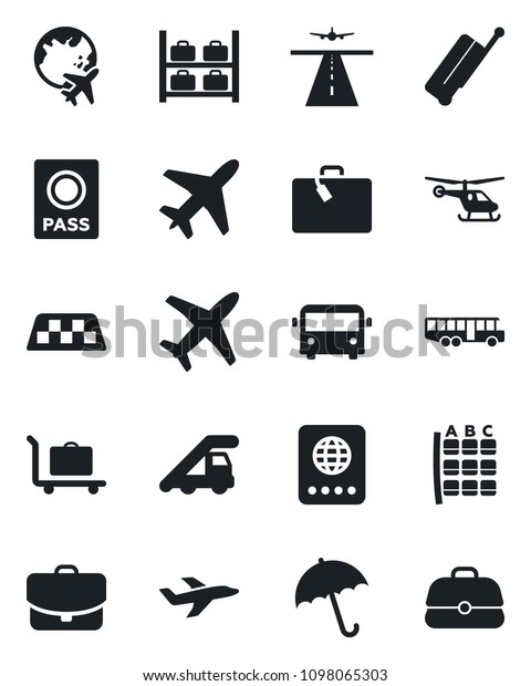 Set of vector isolated black icon - plane vector,\
runway, taxi, suitcase, baggage trolley, airport bus, umbrella,\
passport, ladder car, helicopter, seat map, luggage storage, globe,\
case