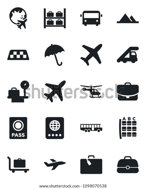 Set of vector isolated black icon - plane vector,\
taxi, suitcase, baggage trolley, airport bus, umbrella, passport,\
ladder car, helicopter, seat map, luggage storage, scales, globe,\
mountains, case