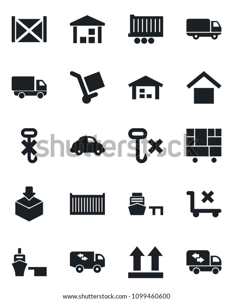 Set of\
vector isolated black icon - truck trailer vector, cargo container,\
car delivery, sea port, consolidated, warehouse storage, up side\
sign, no trolley, hook, package,\
moving