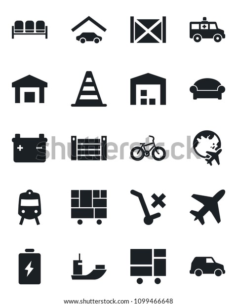 Set of vector isolated black icon - plane vector,\
train, waiting area, border cone, globe, ambulance car, bike, sea\
shipping, container, consolidated cargo, no trolley, warehouse,\
garage, battery