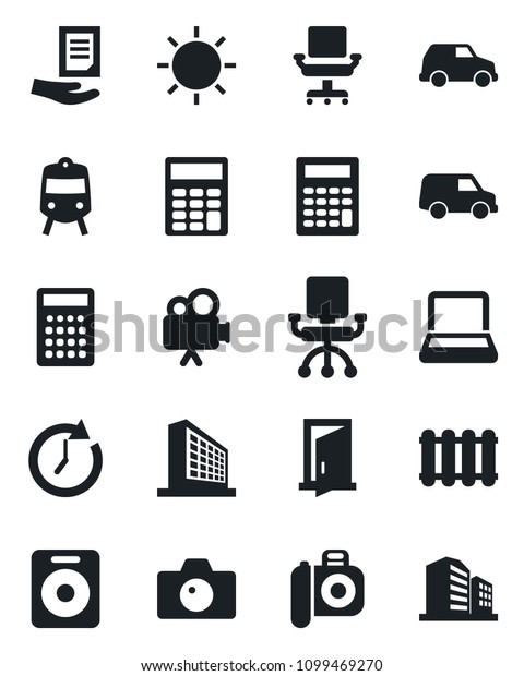 Set of vector\
isolated black icon - train vector, camera, office building,\
document, sun, video, speaker, calculator, chair, notebook pc,\
radiator, door, clock, car