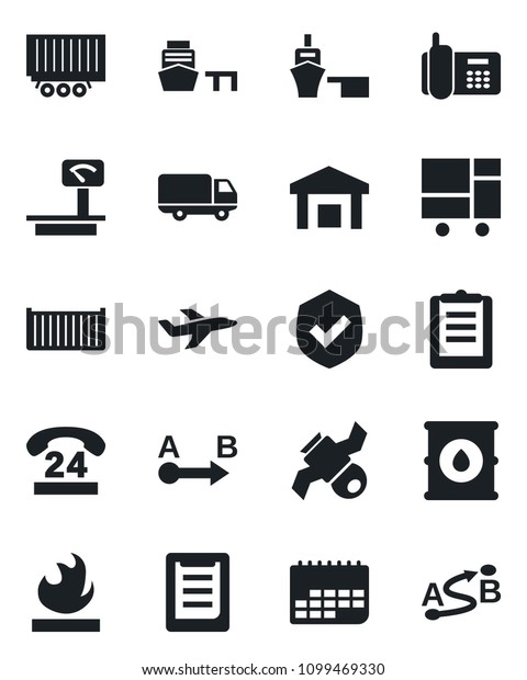 Set of vector isolated black icon - plane vector,\
satellite, office phone, 24 hours, truck trailer, cargo container,\
car delivery, term, sea port, consolidated, clipboard, warehouse,\
shield, route